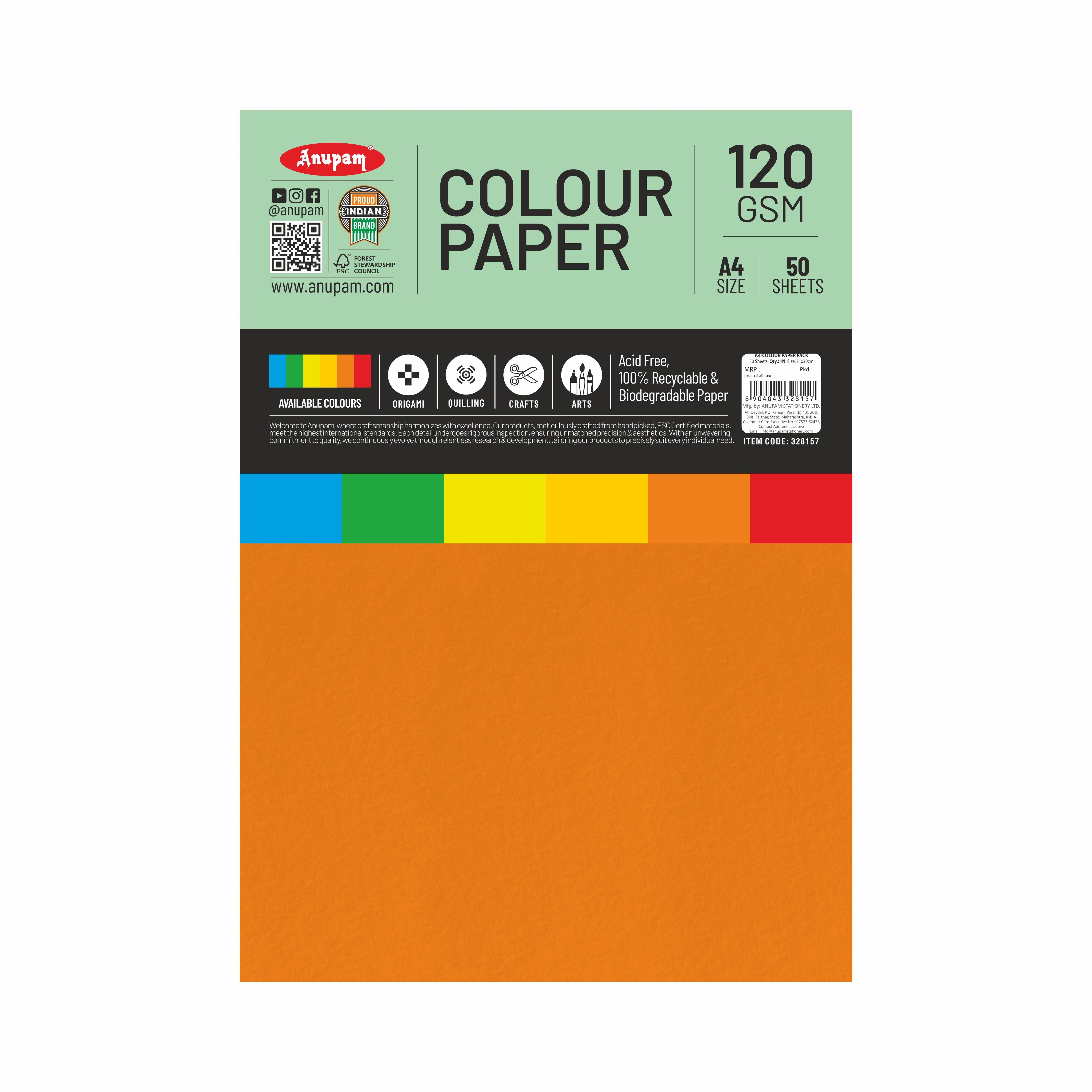 Anupam Assorted Colour-Loose Paper-120GSM-6 Colours Paper for Arts & Crafts-Quilling-Origami
